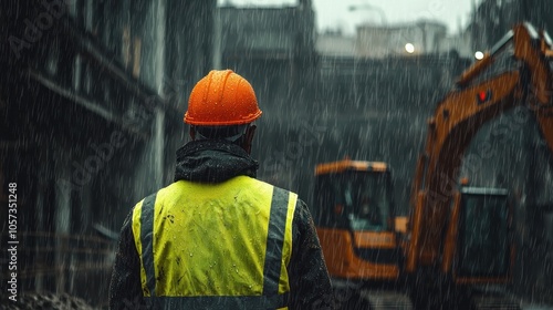 The back of an engineer wearing a yellow vest and orange helmet stands in front of an excavator on a construction site, with heavy rain falling from the sky. It is a rainy day with a blurred backgroun