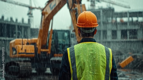The back of an engineer wearing a yellow vest and orange helmet stands in front of an excavator on a construction site, with heavy rain falling from the sky. It is a rainy day with a blurred backgroun