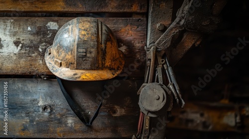 A coal miner's helmet hanging on a hook next to a stack of tools, ready for the next shift photo