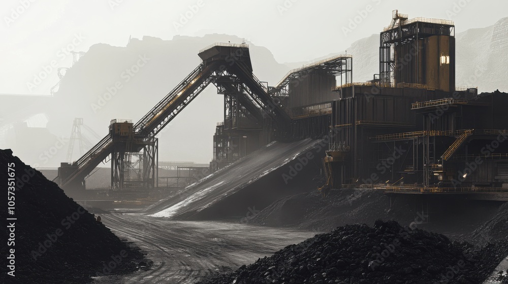 A coal processing facility with giant crushers and screens sorting coal into different sizes, ready A coal processing facility with giant crushers and screens sorting coal into different sizes, ready