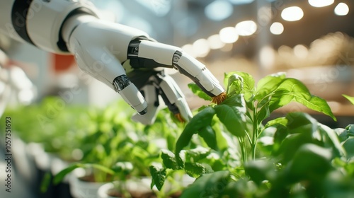 A robot hand carefully tends to rows of plants in a bright greenhouse, highlighting the precision and efficiency of modern automated farming techniques.