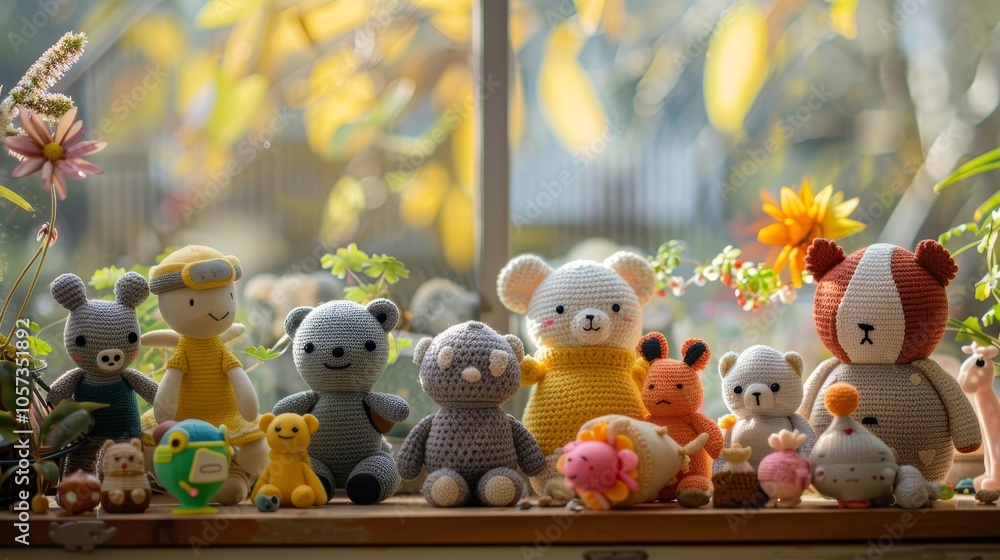 A delightful variety of crocheted animals arranged in a sunny room, showcasing both handmade artistry and the warmth and charm of joyful, playful decoration. A delightful variety of crocheted animals arranged in a sunny room, showcasing both handmade artistry and the warmth and charm of joyful, playful decoration.