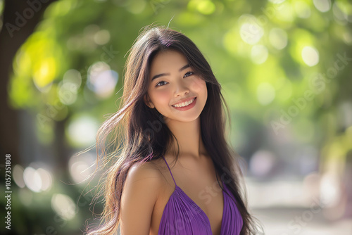  A beautiful young lady with long hair brown wearing adress purple elegance dresss, smiling while standing outdoors in the city on a sunny day. The image has detailed skin texture, natural features, p