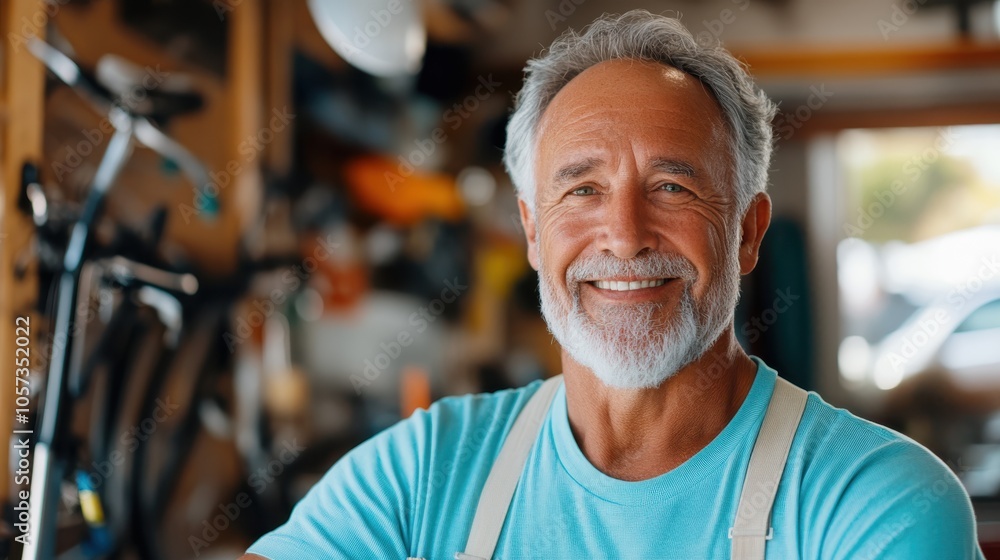 In a bustling workshop, a grey-haired man wearing a turquoise shirt stands with a broad smile, surrounded by various tools and a welcoming atmosphere. In a bustling workshop, a grey-haired man wearing a turquoise shirt stands with a broad smile, surrounded by various tools and a welcoming atmosphere.