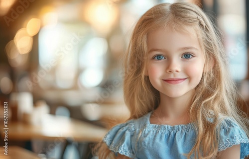 A young girl in a blue dress smiles against a bokeh-filled background, her bright eyes highlighted by the warm indoor lighting.