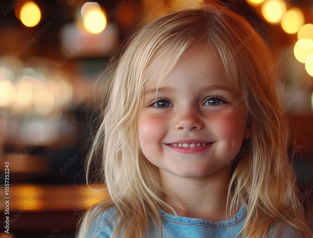A young girl in a blue dress smiles against a bokeh-filled background, her bright eyes highlighted by the warm indoor lighting. A young girl in a blue dress smiles against a bokeh-filled background, her bright eyes highlighted by the warm indoor lighting.