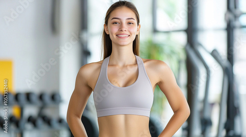 Free Download Woman modeling a sport bra in a fitness setting, sharp focus on the product with blurred background, - GFXLoad