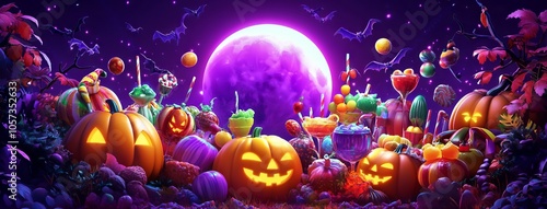 Vibrant Halloween Party with Colorful Characters and Pumpkins - AI generated illustration.