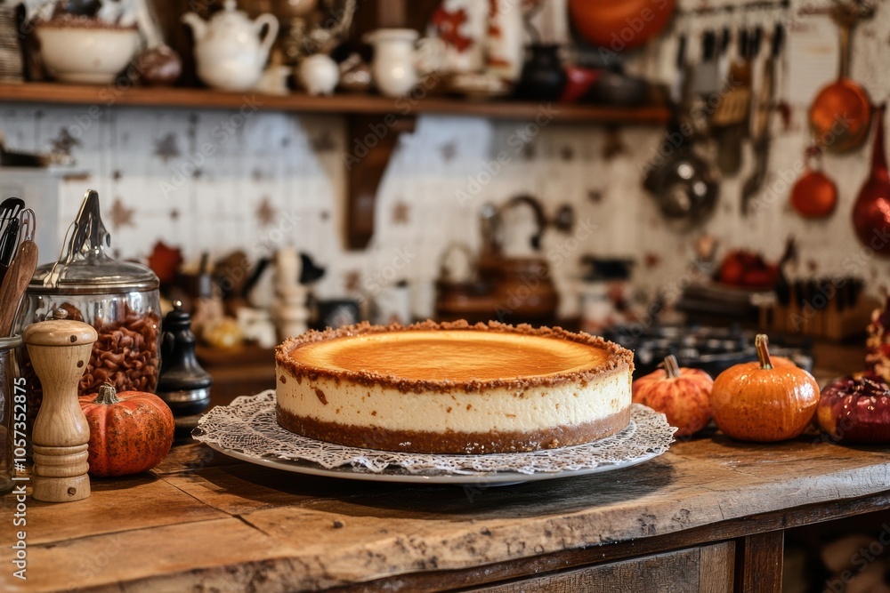 baking inspiration, in a cozy kitchen, a caramel cheesecake is showcased among baking tools and autumn decorations baking inspiration, in a cozy kitchen, a caramel cheesecake is showcased among baking tools and autumn decorations