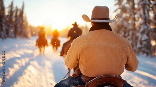 A cowboy rides a horse through a snowy landscape with a beautiful sunset backdrop, symbolizing adventure, freedom, and exploration in a classic western style. photo