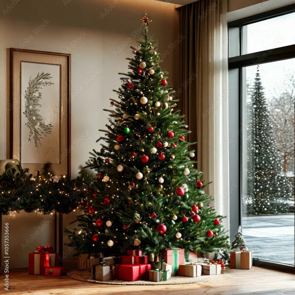 Capture the magic of the holiday season with this enchanting image of a Christmas tree. The tree is elaborately decorated with festive ornaments and lights, and beneath it are neatly wrapped presents. Capture the magic of the holiday season with this enchanting image of a Christmas tree. The tree is elaborately decorated with festive ornaments and lights, and beneath it are neatly wrapped presents.