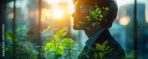 CEO leading the charge for green science and ecofriendly tech close up, focus on, copy space Soft lighting and natural tones, Double exposure silhouette with green leaf and lab photo