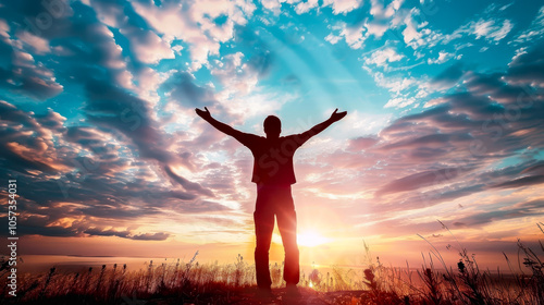 Happy man hands Up with sunrise sky background.