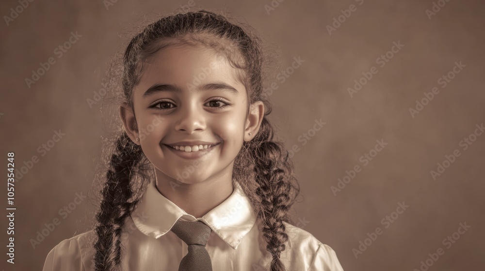 A happy Egyptian schoolgirl in uniform, with a proud smile against a monochrome background A happy Egyptian schoolgirl in uniform, with a proud smile against a monochrome background