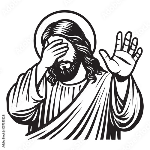 Jesus Christ Thinking sad Clipart Design - Funny Jesus Christ Vector Illustration in Black and White