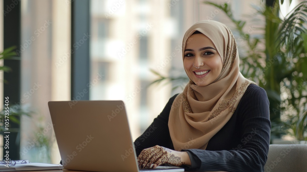 A joyful Muslim businesswoman in a professional hijab, with detailed henna on her hands and A joyful Muslim businesswoman in a professional hijab, with detailed henna on her hands and