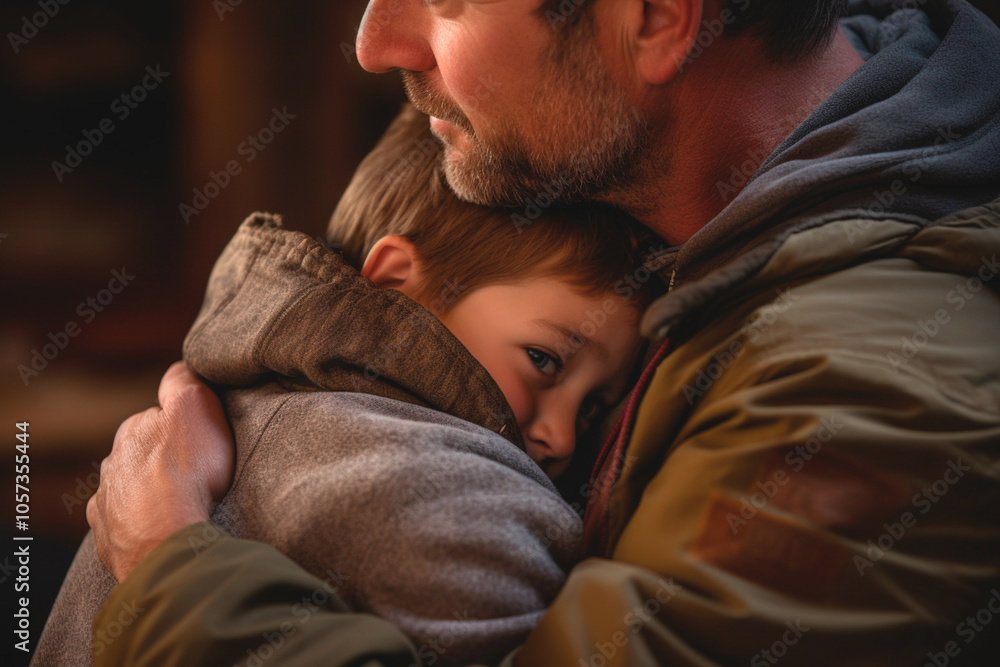 A father expresses his affection by hugging his son dearly. A hug, the greatest Father's Day gift A father expresses his affection by hugging his son dearly. A hug, the greatest Father's Day gift