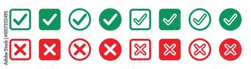 Set of green and red check box with yes and no sign. Modern label icons check mark and cross on transparent background.
