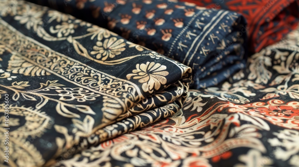 A close-up photo of vibrant fabrics featuring intricate floral patterns, neatly folded in a stack, showcasing traditional textile arts and craftsmanship. A close-up photo of vibrant fabrics featuring intricate floral patterns, neatly folded in a stack, showcasing traditional textile arts and craftsmanship.