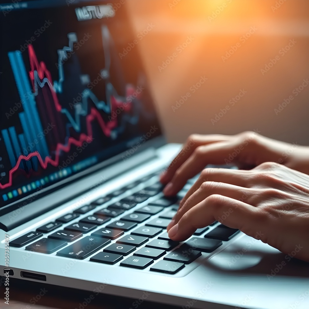 Close up of hands typing on a laptop, with fata chart and graphs, sybolizing productivity, data driven decision making, business background Close up of hands typing on a laptop, with fata chart and graphs, sybolizing productivity, data driven decision making, business background