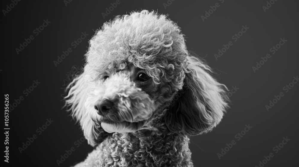 A striking black and white studio portrait of a poodle, showcasing the dog's elegant curly fur and calm demeanor, with a moody, sophisticated style. A striking black and white studio portrait of a poodle, showcasing the dog's elegant curly fur and calm demeanor, with a moody, sophisticated style.