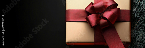 A dark festive backdrop with a golden box, a red bow, and Christmas tree branches. photo