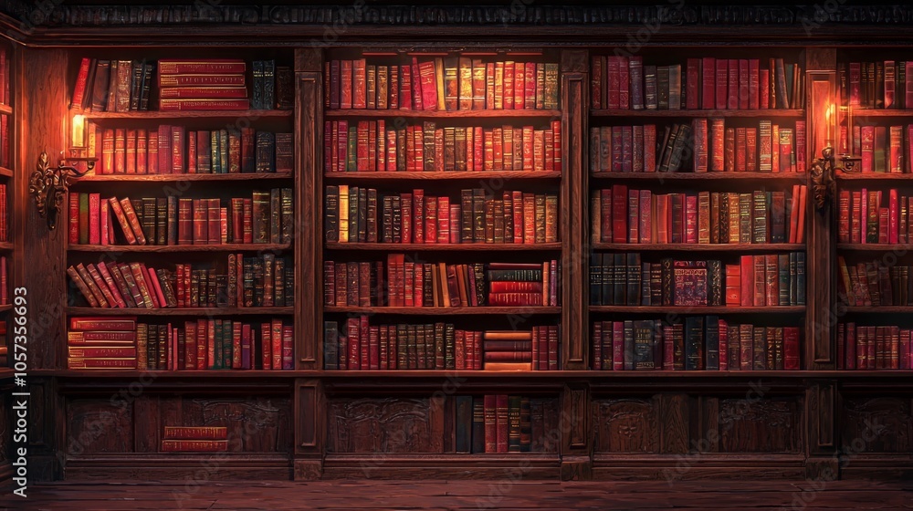 Neatly Arranged Red Books on Wooden Shelves Neatly Arranged Red Books on Wooden Shelves