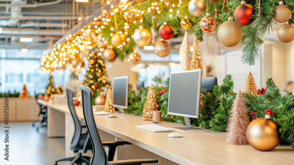 Obraz premium beautifully decorated remote work hub adorned with Christmas ornaments, soft lights, and festive greenery creates warm and inviting atmosphere for productivity