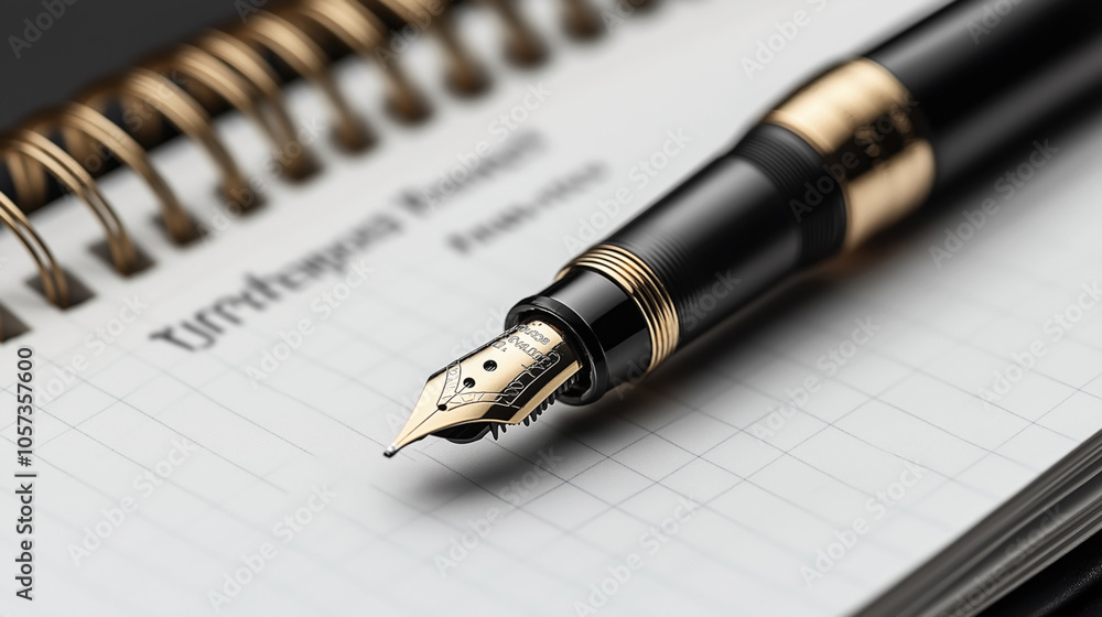 Close-up of a fountain pen with a gold nib resting on a squared spiral notebook, showcasing detailed pen craftsmanship. Close-up of a fountain pen with a gold nib resting on a squared spiral notebook, showcasing detailed pen craftsmanship.