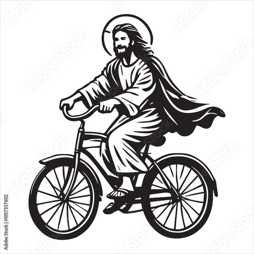 Jesus Christ Riding A Bicycle Clipart Design - Funny Jesus Christ Vector illustration in black and white
