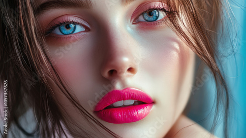 A woman with blue eyes and pink lipstick