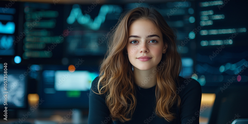 woman sits confidently in front of multiple computer screens displaying data and code, suggesting tech savvy environment woman sits confidently in front of multiple computer screens displaying data and code, suggesting tech savvy environment