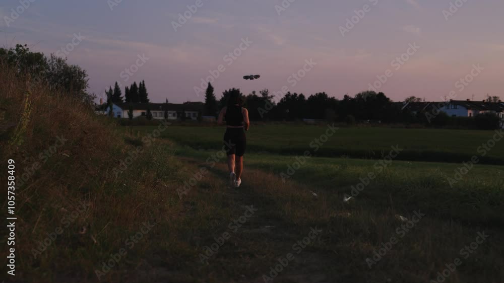 Active female run during evening and small drone set to follow mode, Czechia Active female run during evening and small drone set to follow mode, Czechia