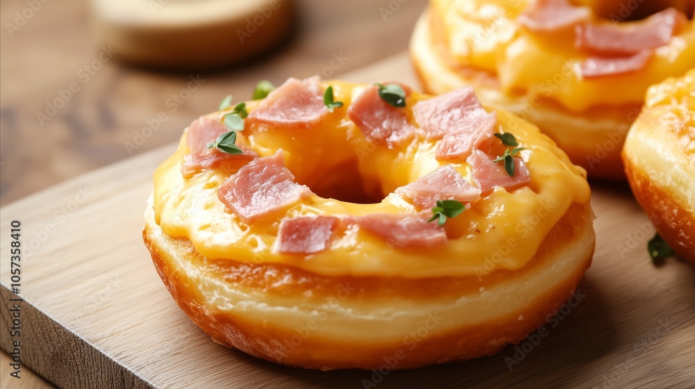 Ham and cheese donut sits on a wooden table Ham and cheese donut sits on a wooden table