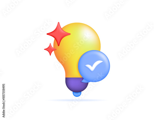 idea and solution concept. brilliant ideas, right solutions. innovation and creativity. illustration of yellow light with chat symbol and check mark. icon or symbol. minimalist 3d style design