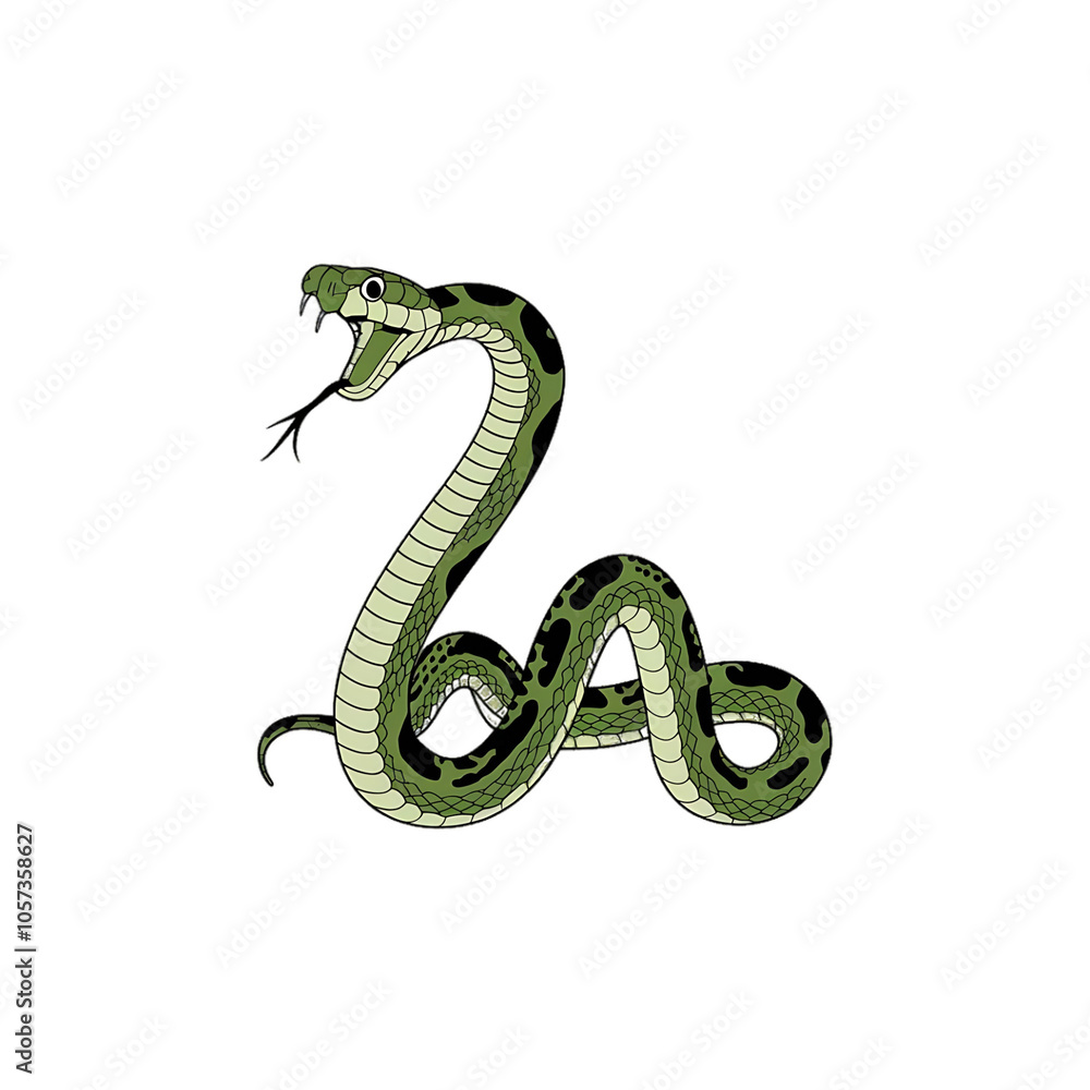 Fototapeta premium Green snake with black spots on a black background for a nature animal or wildlife design 