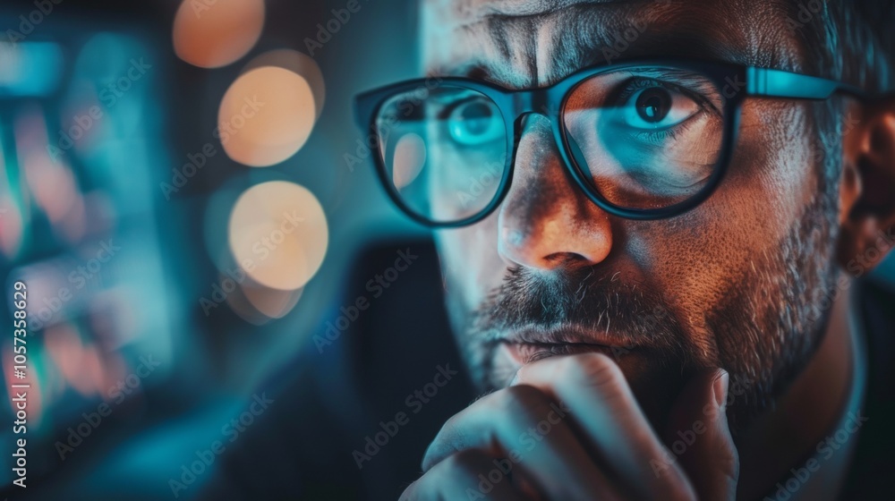 Pensive man with glasses analyzing data Pensive man with glasses analyzing data