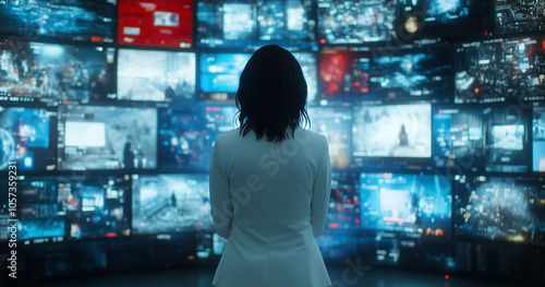 woman in white suit stands at center of large room filled with multiple screens displaying various digital content, creating futuristic and immersive atmosphere