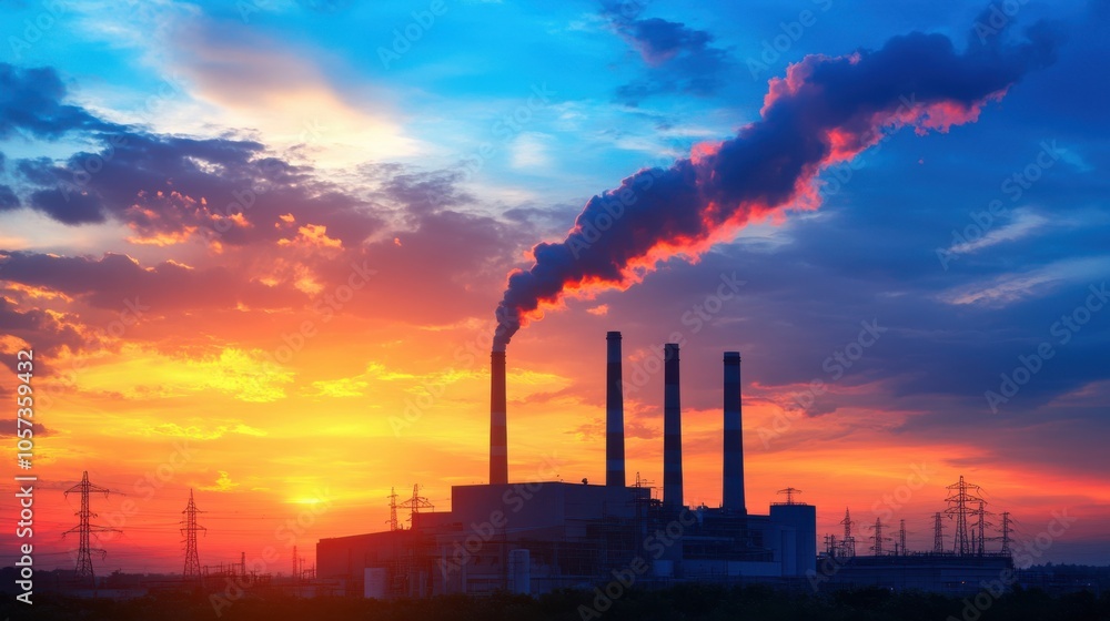 A sunset view of a coal-fired power plant, with the facility silhouetted against the colorful sky, A sunset view of a coal-fired power plant, with the facility silhouetted against the colorful sky,