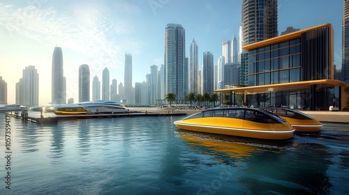 High-tech marina featuring electric water taxis and boats with minimalistic designs and smart navigation systems