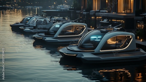 High-tech marina featuring electric water taxis and boats with minimalistic designs and smart navigation systems