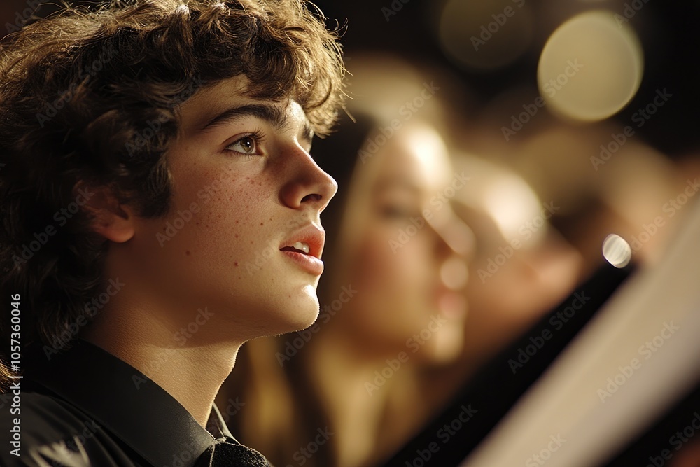 Fototapeta premium Young singer performing with choir in concert
