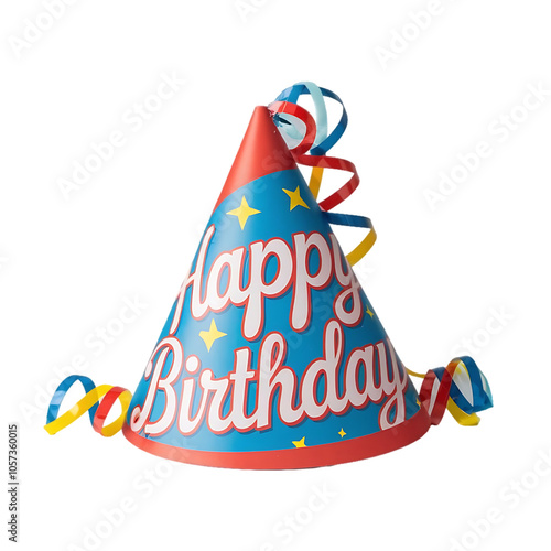 A blue and red birthday hat with streamers for festive celebrations  