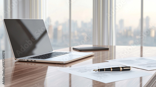 Wallpaper Mural A luxurious office setting featuring a polished wooden desk, a sleek laptop, and an elegant fountain pen beside a financial report.  Torontodigital.ca
