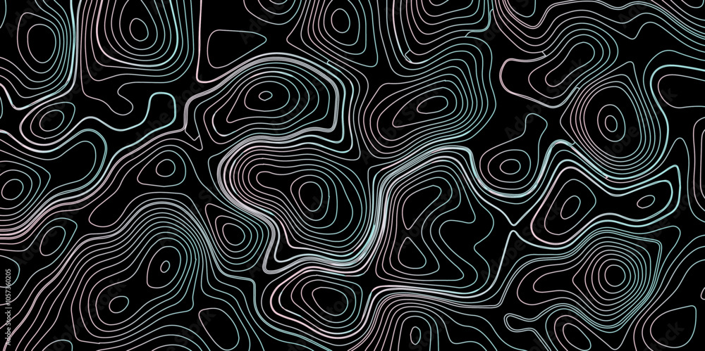 Fototapeta premium Abstract gradient multicolor on black background with Topographic line map pattern, Topographic map lines, contour background, wavy and curved lines background, Geographic map. 