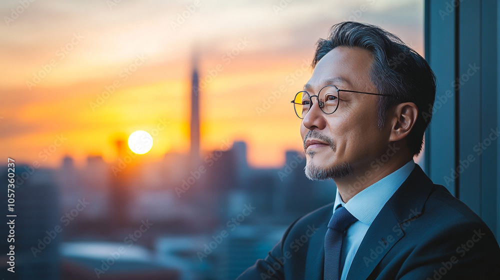 Asian businessman looking out of an office window, deep in thought, with a city skyline and sunset in the background
Asian businessman looking out of an office window, deep in thought, with a city skyline and sunset in the background