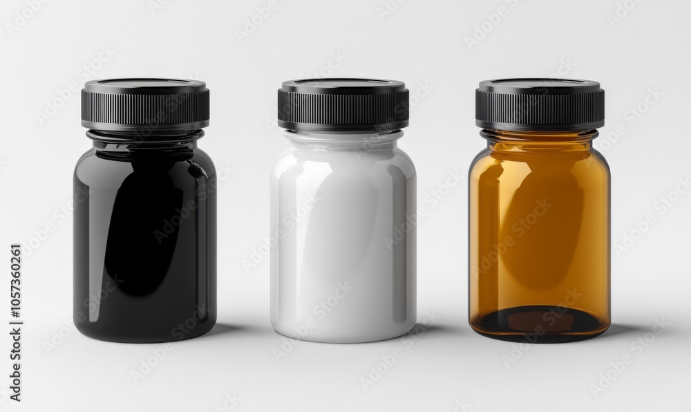 A mockup featuring black, white, and amber bottles isolated on a white background. Suitable for various purposes such as medical, cosmetic, and food packaging. Rendered in vector A mockup featuring black, white, and amber bottles isolated on a white background. Suitable for various purposes such as medical, cosmetic, and food packaging. Rendered in vector