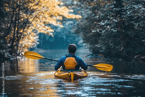 Wallpaper Mural Kayaker paddling kayak on peaceful river between trees Torontodigital.ca