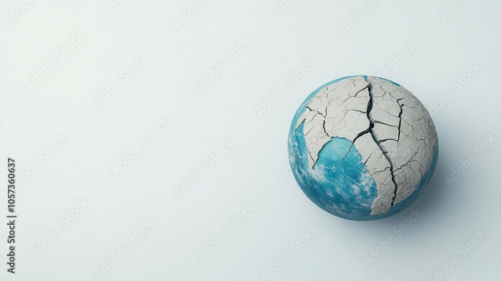 A cracked globe with blue and white hues, symbolizing a damaged Earth and environmental concerns. A cracked globe with blue and white hues, symbolizing a damaged Earth and environmental concerns.