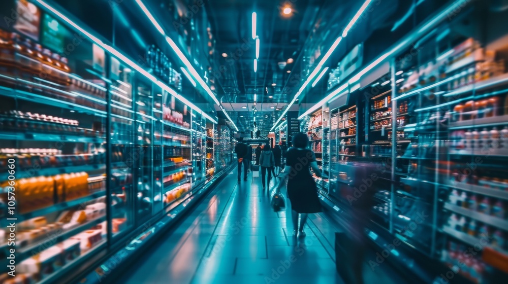 Modern supermarket aisle with futuristic lighting Modern supermarket aisle with futuristic lighting
